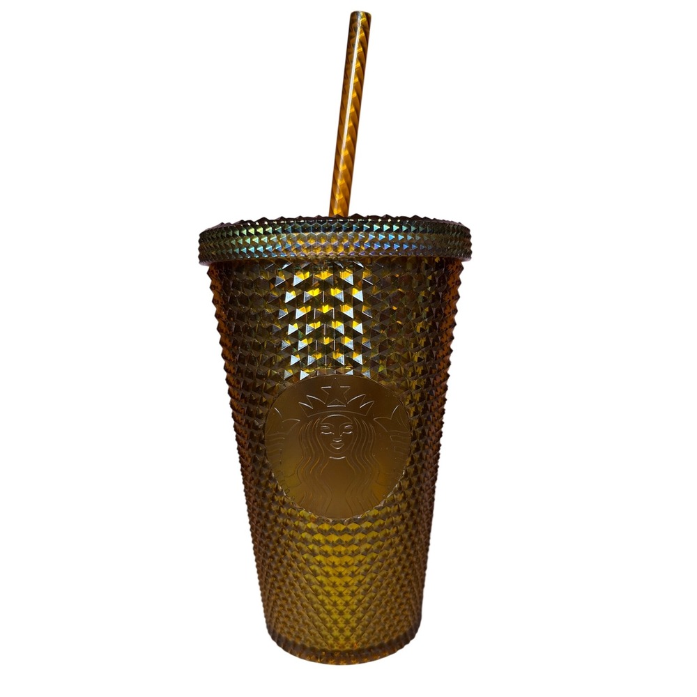 Starbucks 50th Anniversary Tumbler Cold Cup 16oz Amber Gold Studded Iridescent